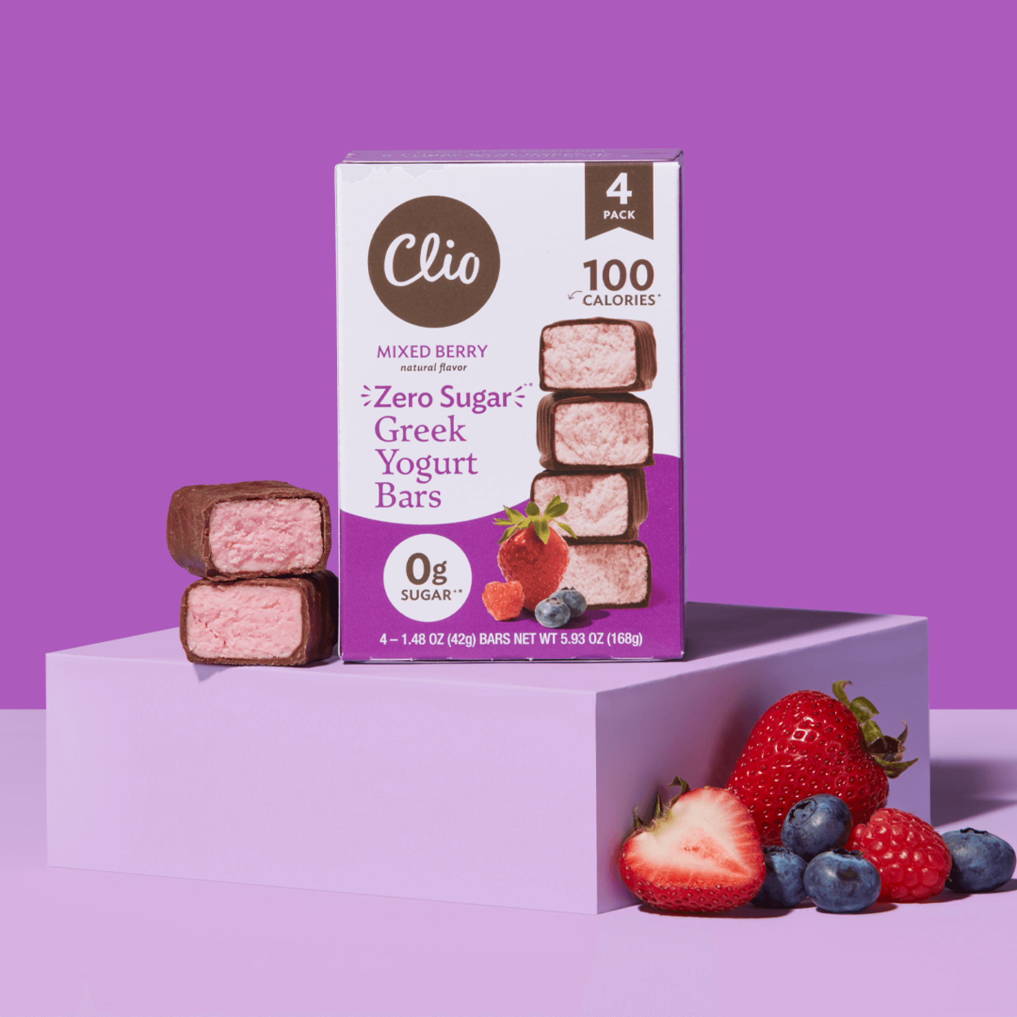 Clio Zero Sugar Mixed Berry Greek Yogurt Bar, Chocolatey Coating